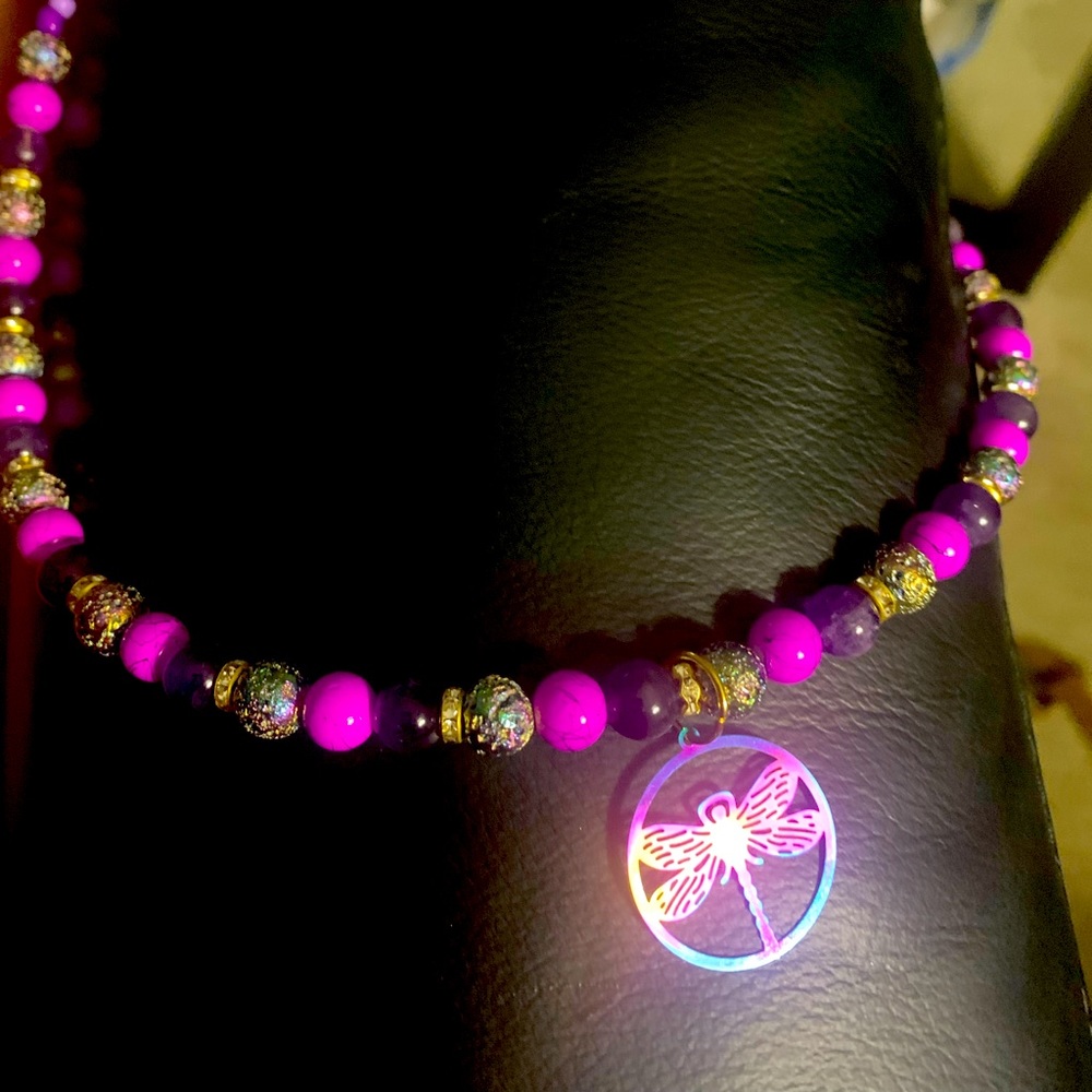 Dragon fly purple beaded flexible adjustable wire necklace